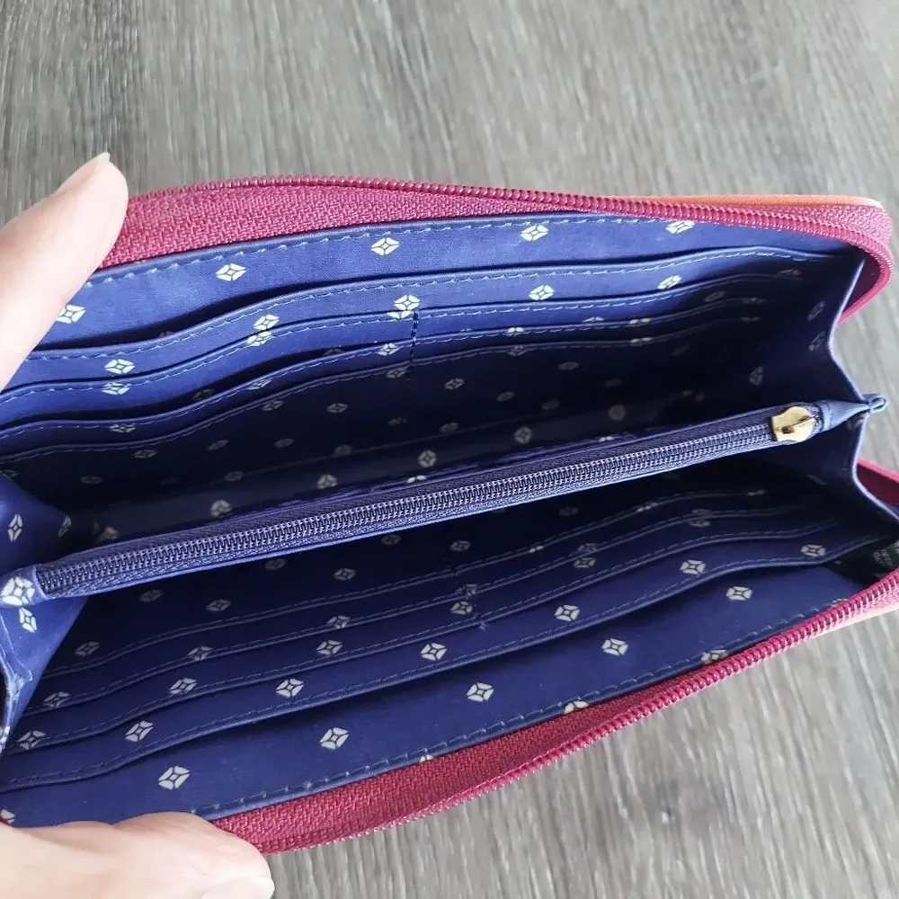 Fossil Magenta Coated Canvas Leather Trim Zip Around Credit Card Wallet